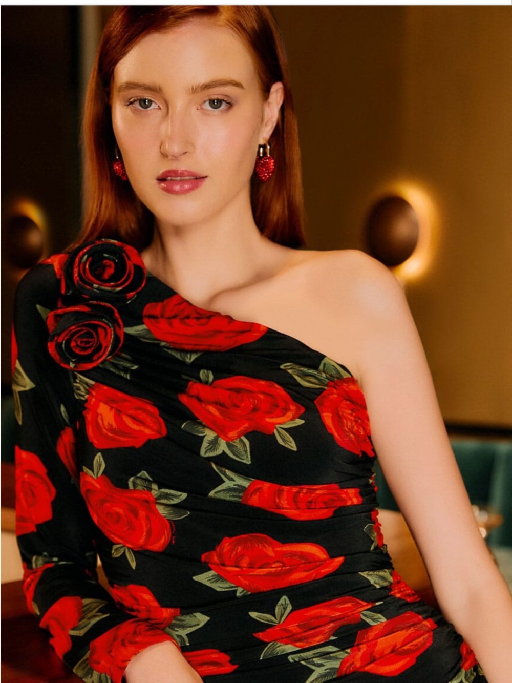 Farm Rio NWT Dress Black Latin Roses 3d Flower One-Shoulder Draped Maxi
Dress